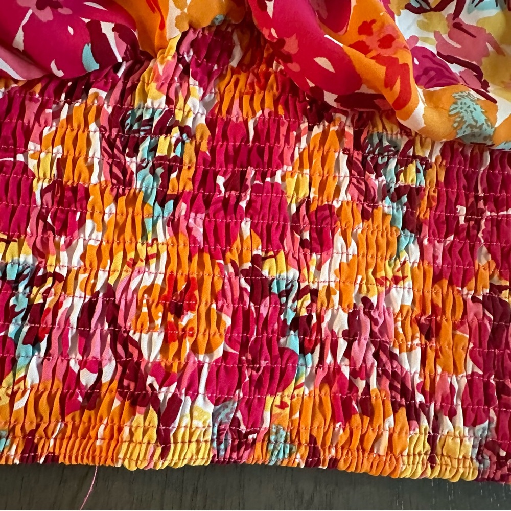 SHEIN Shirred Crop Top Orange and Red Floral Size Large 8/10 - Picture 6 of 10